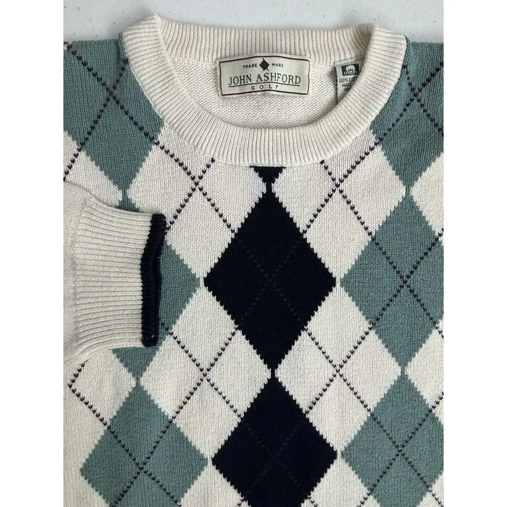 John Ashford Golf Men's Large Cream‎ Green Blue Argyle Long Sleeve Knit Sweater